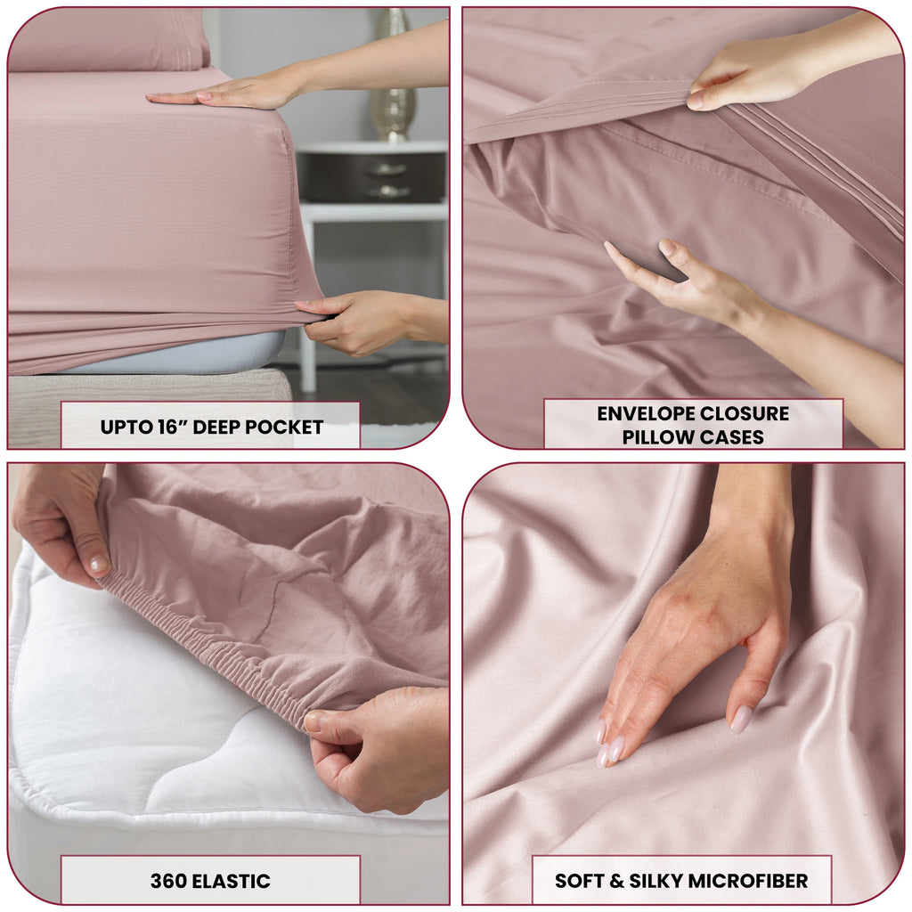 Lux Décor 6pc Solid Sheet Set - Brushed Microfiber Bed Sheets 16 Inches Deep Pockets - Embroidered & Plain Pillowcases