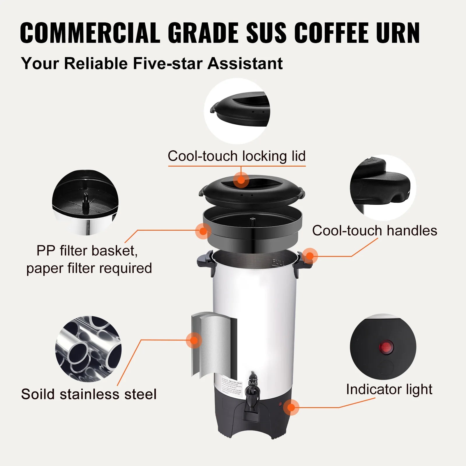SucceBuy Commercial Coffee Urn 50 Cups Stainless Steel Large Coffee Dispenser 1000W Electric Coffee Maker Urn For Quick Brewing