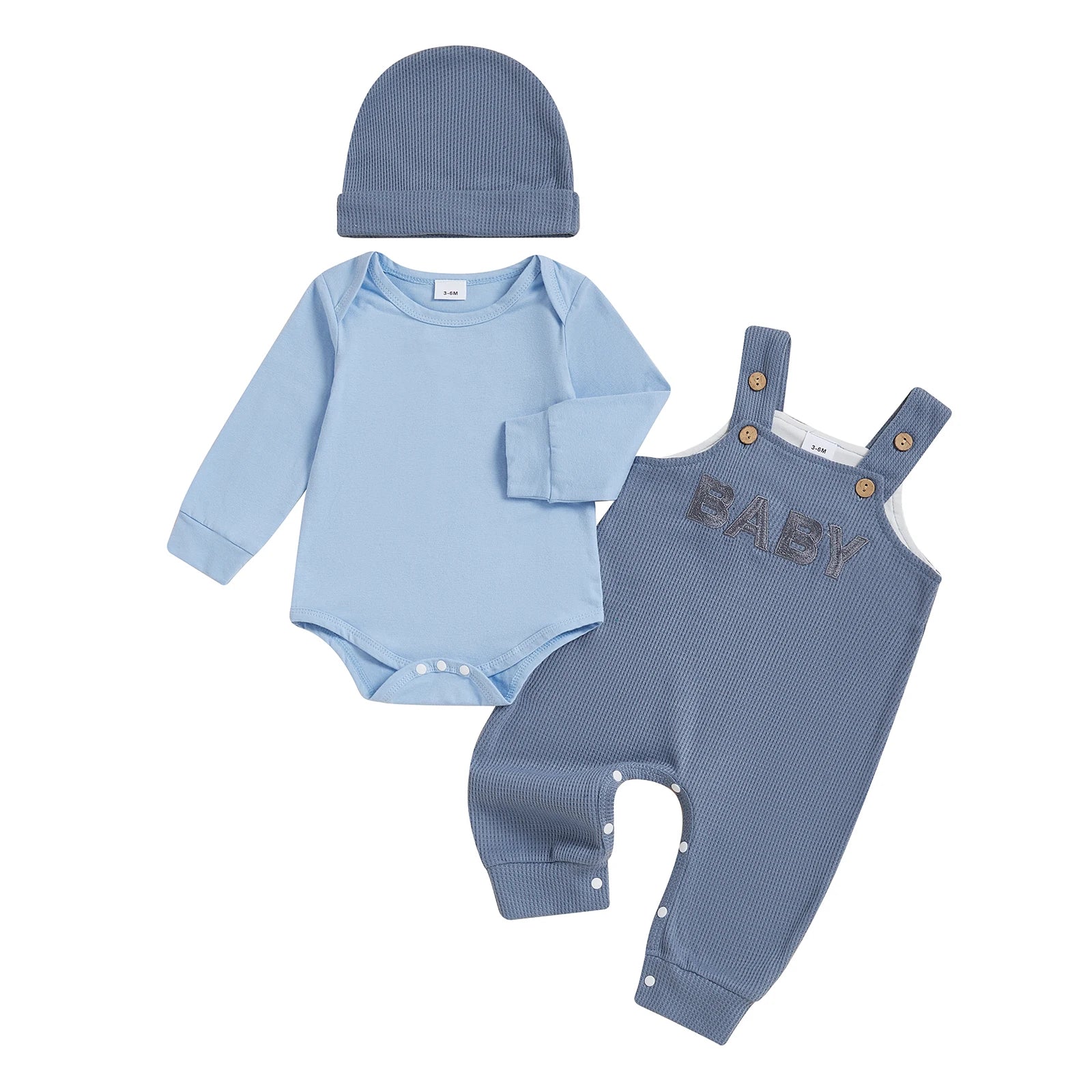Adorable Baby Boy Autumn Ensemble Cozy Long Sleeve Romper Stylish Embroidered Overall Pants and Matching Beanie Cap - 3
