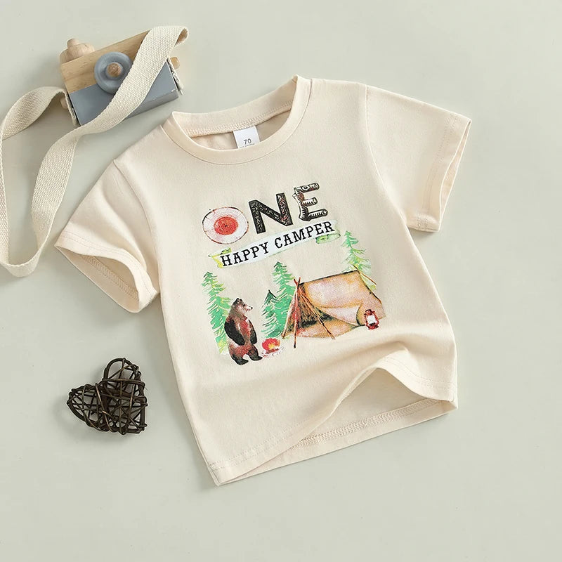 Toddler Boy Cute Cartoon Print Short Sleeve Round Neck Casual T-Shirt Summer Graphic Tee Tops for Kids
