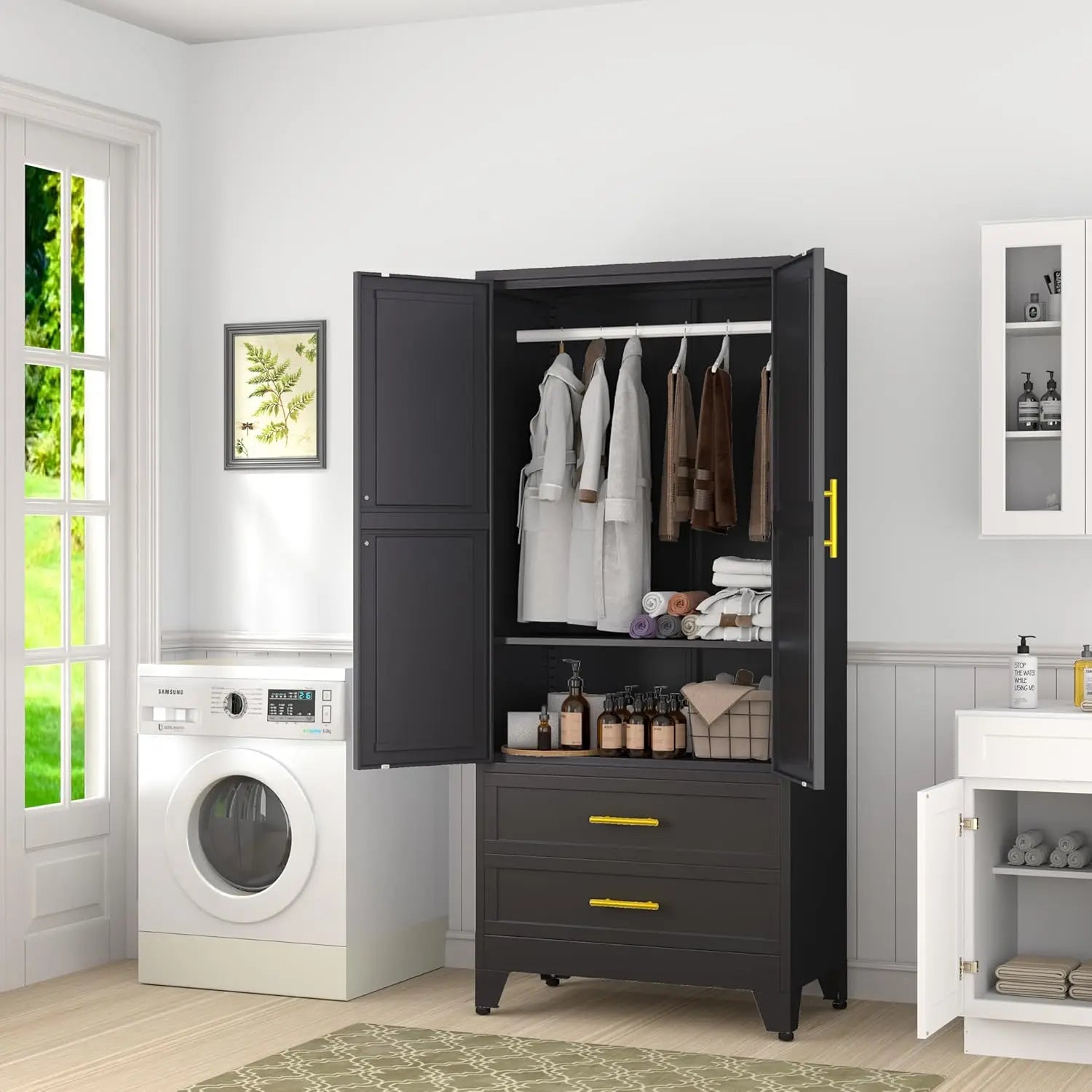 71' Metal Wardrobe Cabinet with Rod, 2 Drawers, Adjustable Shelf