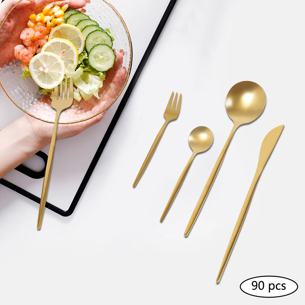 90 Pcs Gold Flatware Set