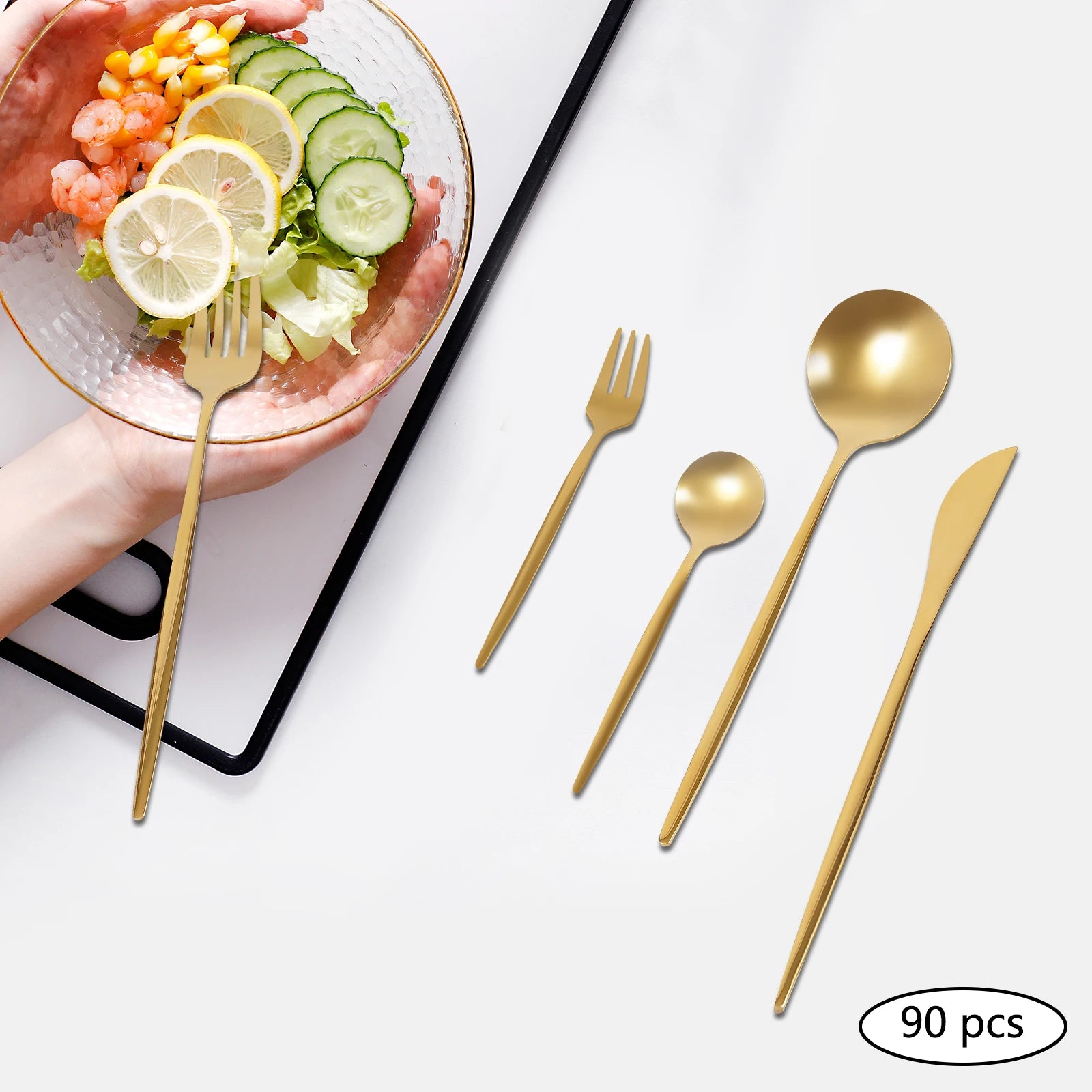 90 Pcs Gold Flatware Set