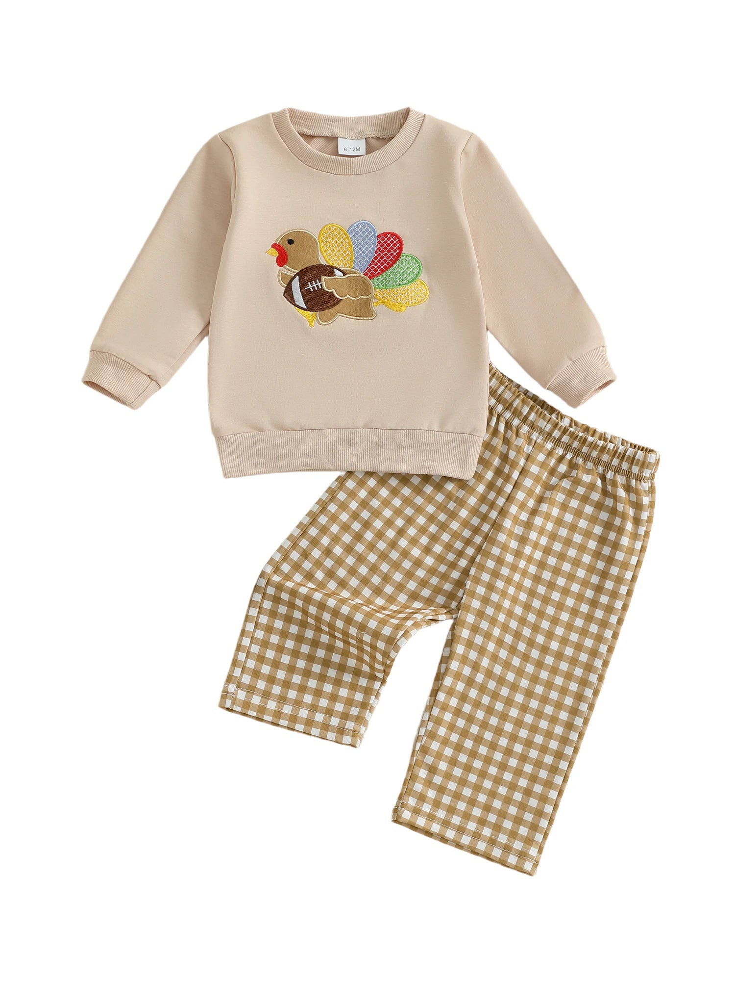 Baby Boys 2-piece Set Cute Turkey Embroidery Long Sleeve Sweatshirt with Plaid Pants Thanksgiving Outfit for Toddlers
