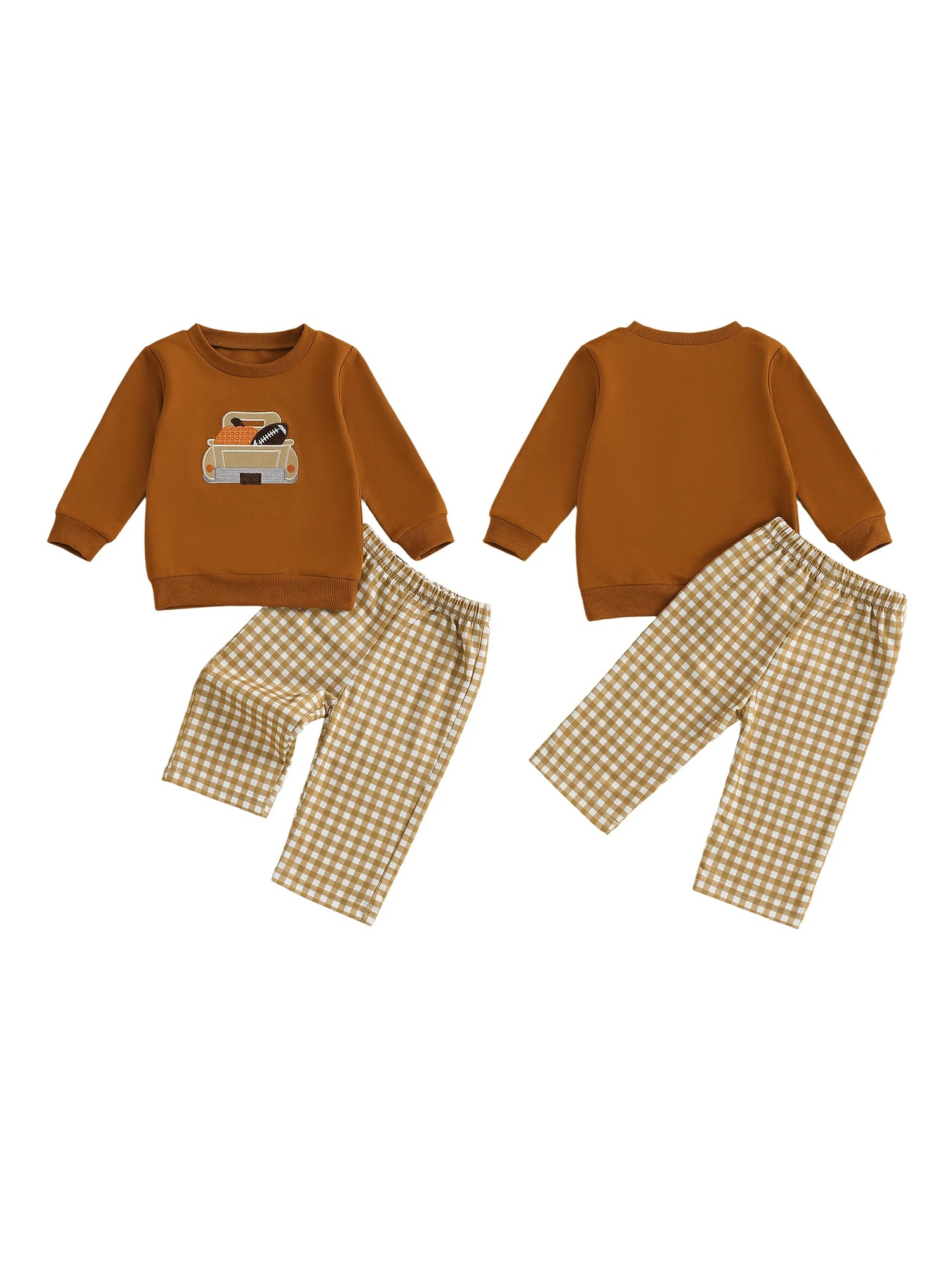 Baby Boys 2-piece Set Cute Turkey Embroidery Long Sleeve Sweatshirt with Plaid Pants Thanksgiving Outfit for Toddlers