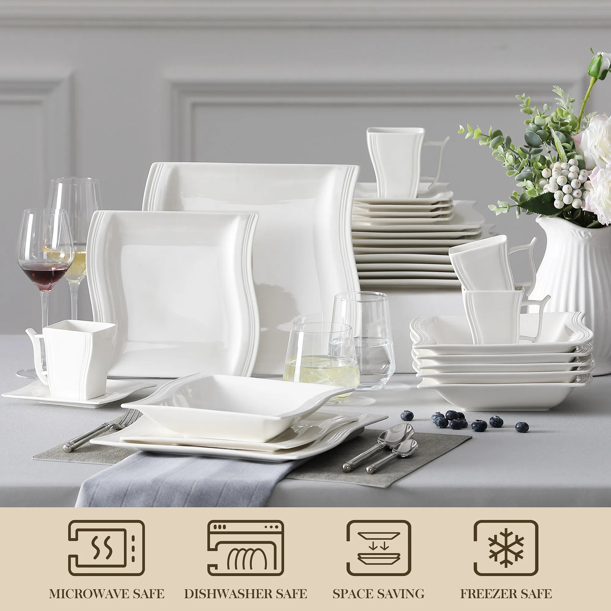 MALACASA FLORA  White Porcelain Dinner Set