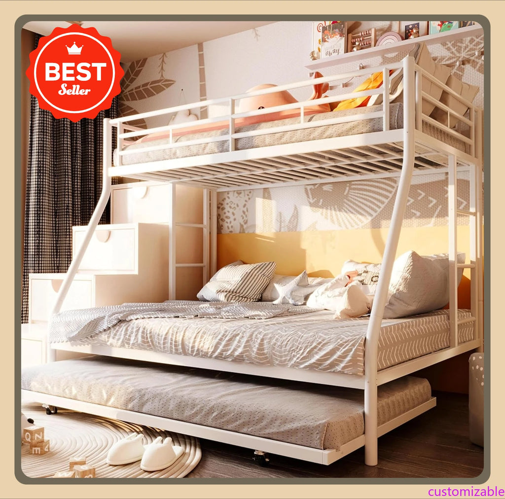 Metal Loft Bed with 2 Secured Ladders, Bunk Bed Twin Over Full with Trundle, Trundle Beds Twin Safety Guard, Noise Free