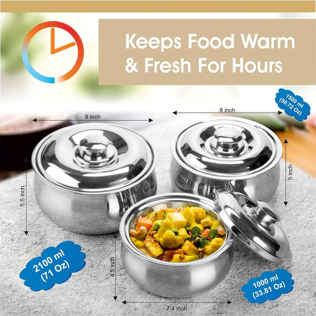 Large Insulated Casserole Dish Set of 3 with Lid, Stainless Steel Hot Pot Food Warmer Cooler for Soup Salad Serving