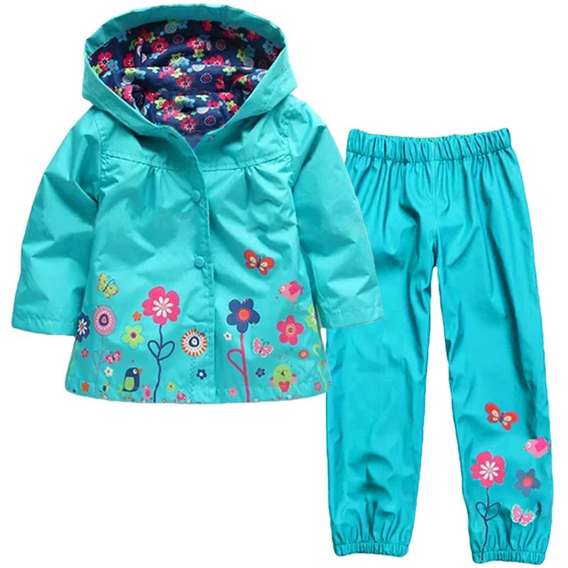 2pcs Children Waterproof Coat Pants Set Spring Autumn Long Sleeve Flower Print for Toddler Boys & Girls