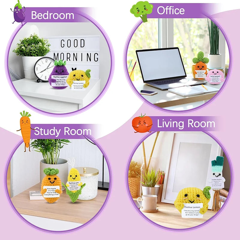 Mini Positive Vegetables Set Positive Crochet Dolls /w Affirmation Card Cartoon Hand Woven Fruit Desktop Ornament Christmas Gift