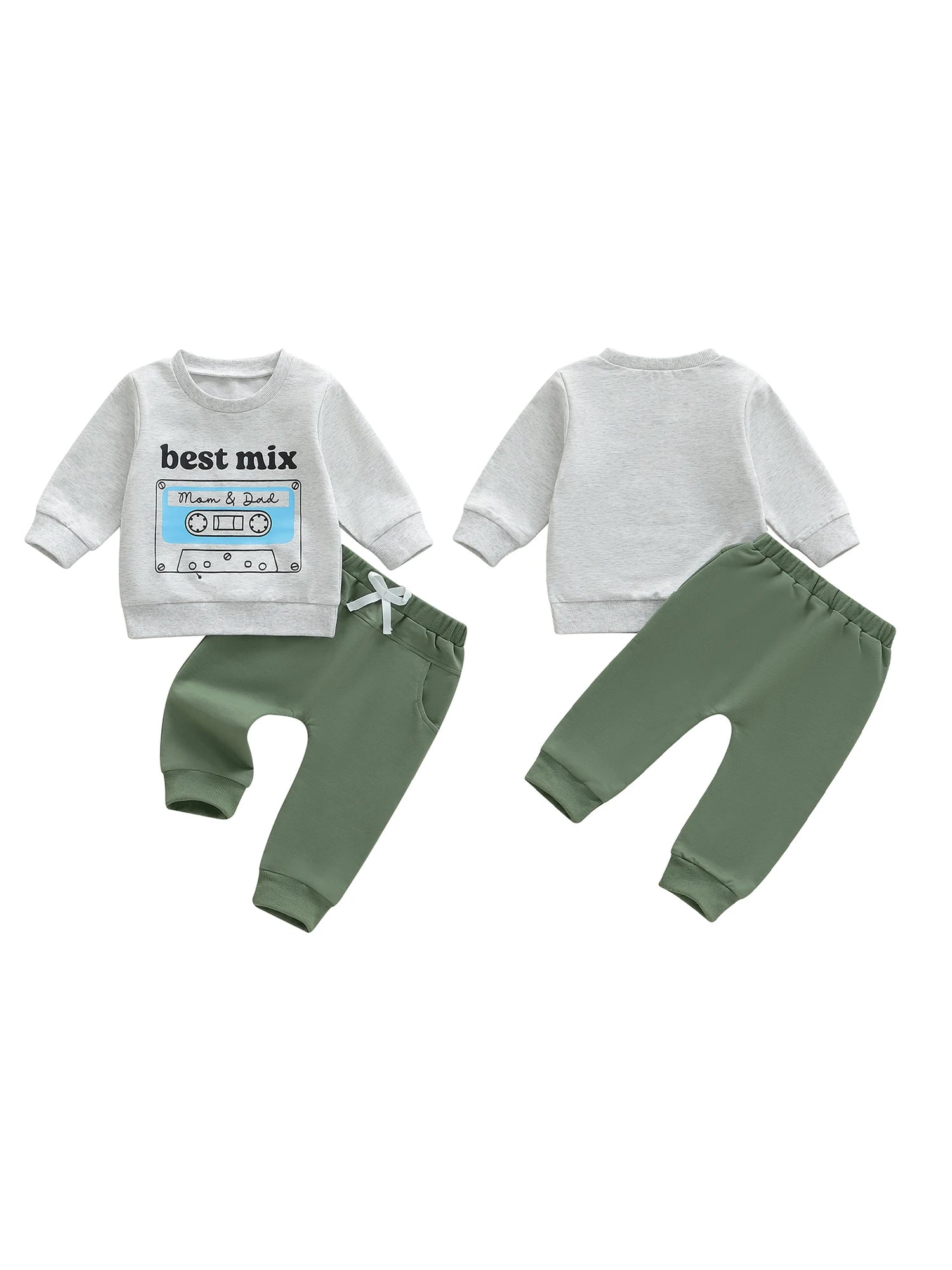Baby Boy Autumn Clothes Set with Cartoon Dinosaur Print Long Sleeve Top Elastic Waist Solid Color Pants 2 Piece Outfit