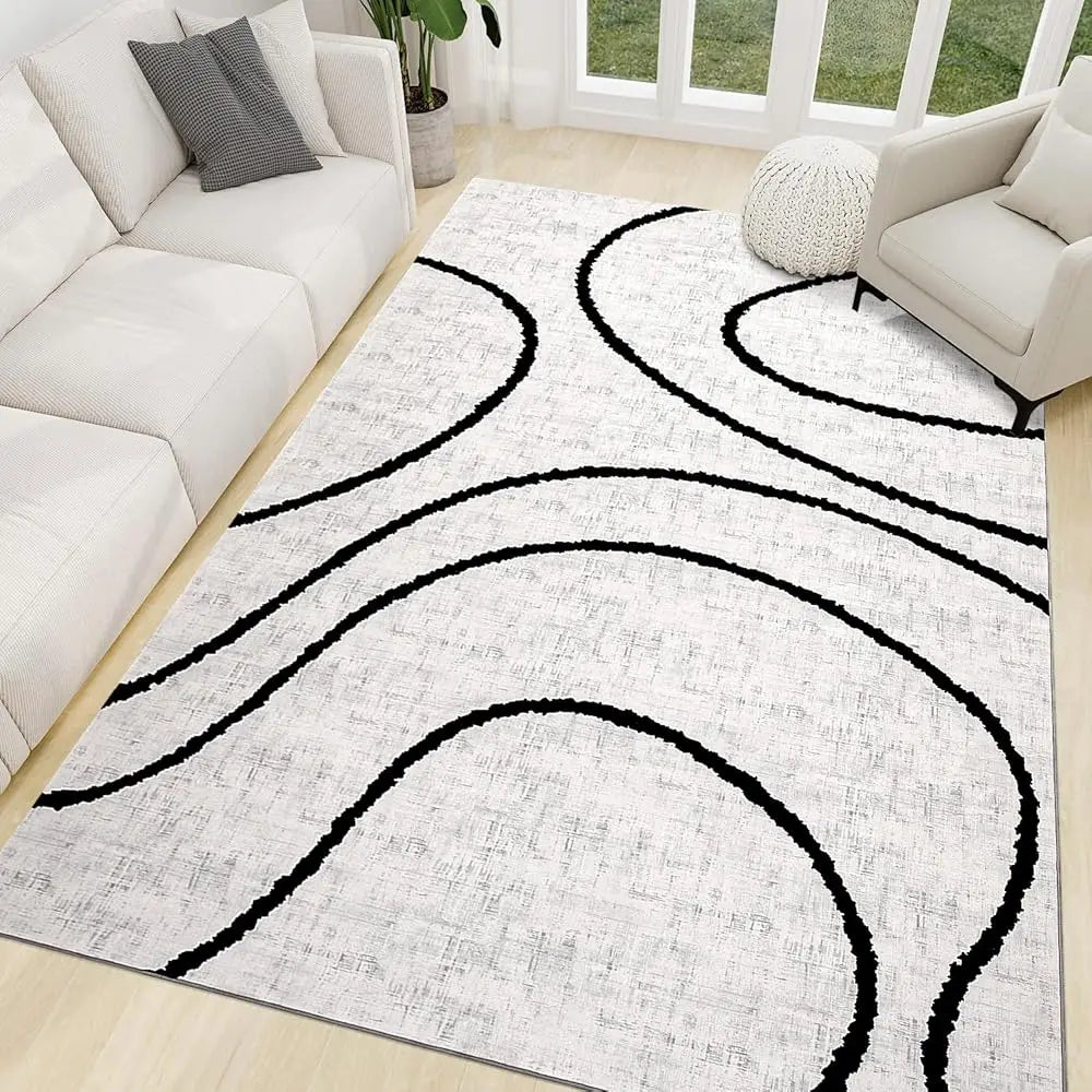 Modern Area Rugs 6X9, Washable Black & White Rug, Thin Abstract Geometric Minimalist Striped