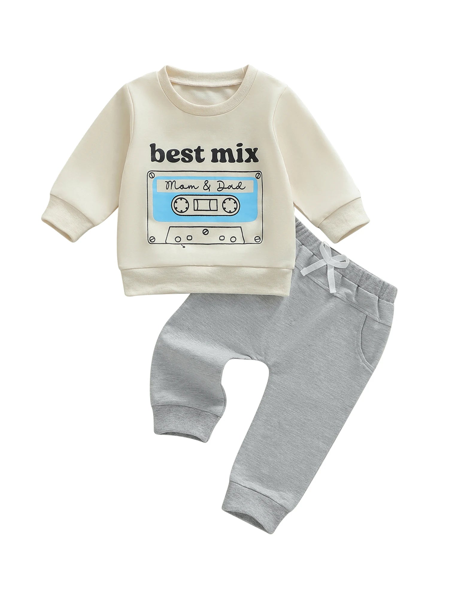 Baby Boy Autumn Clothes Set with Cartoon Dinosaur Print Long Sleeve Top Elastic Waist Solid Color Pants 2 Piece Outfit