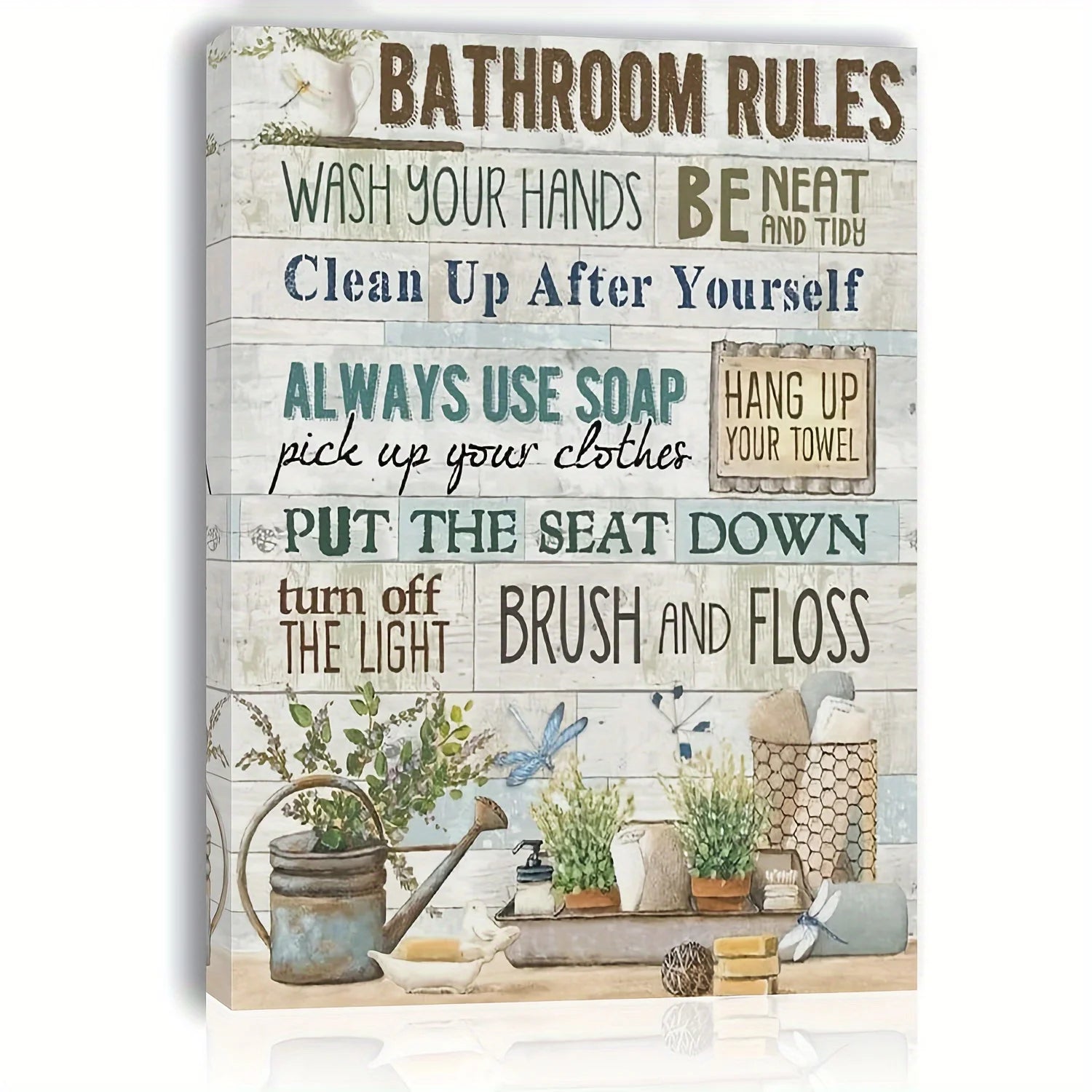 Wooden Framed Bathroom Rules Canvas Wall Art