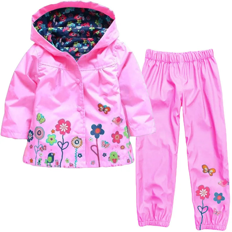 2pcs Children Waterproof Coat Pants Set Spring Autumn Long Sleeve Flower Print for Toddler Boys & Girls