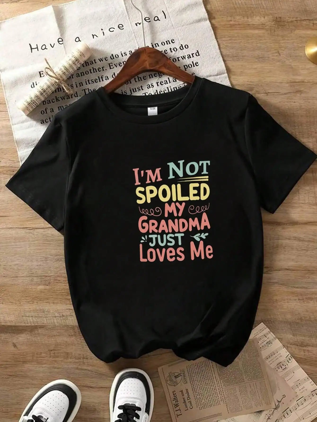 Tween Boys Fun Typography Cotton Graphic Tees, Black Casual Style With "I'M NOT SPOILED MY GRANDMA JUST Loves Me,"