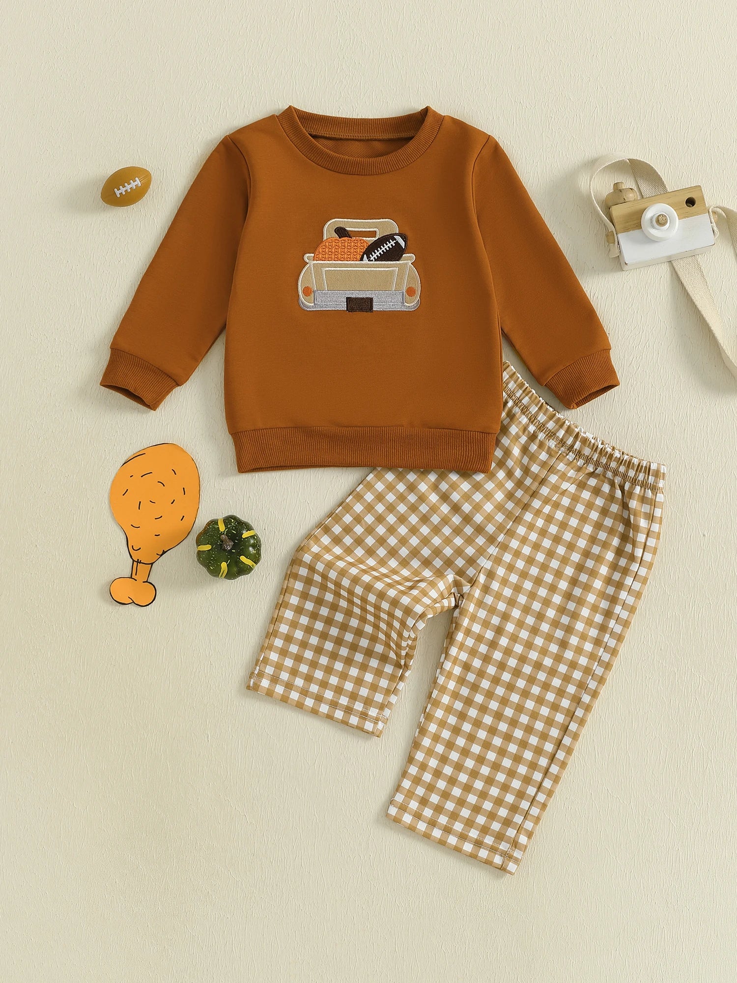 Baby Boys 2-piece Set Cute Turkey Embroidery Long Sleeve Sweatshirt with Plaid Pants Thanksgiving Outfit for Toddlers