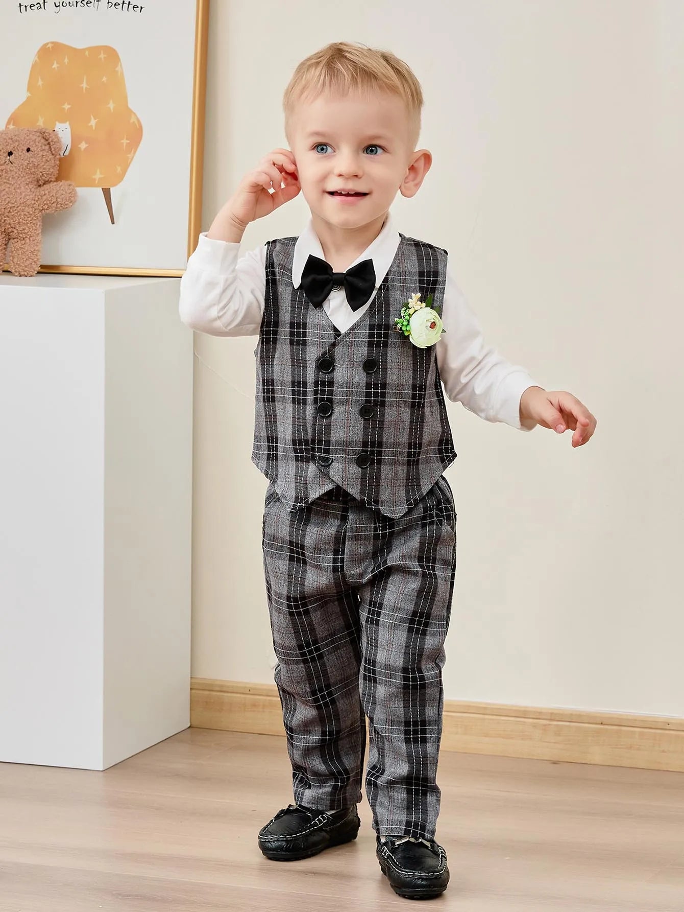 Baby Boy Clothes Suits 5PC Infant Gentleman Outfit Dress Shirt+Bowtie+Vest+Corsage+Pants  Toddler Boy Wedding Party Outfits