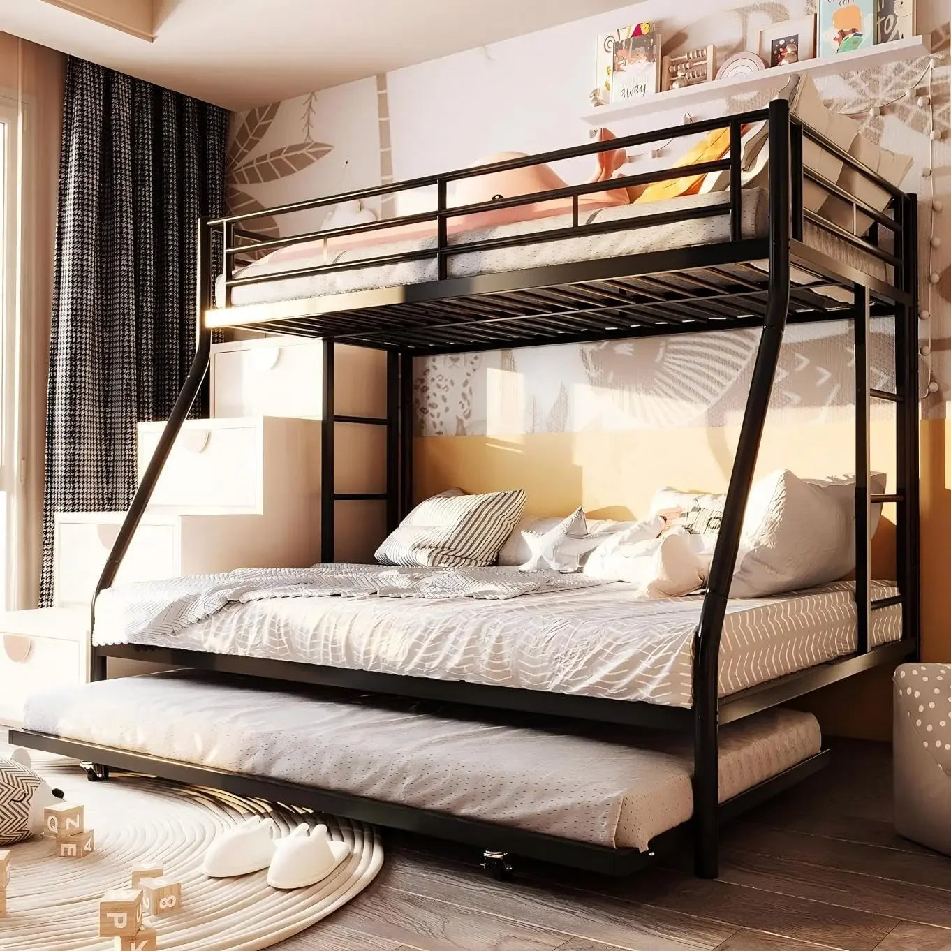 Metal Loft Bed with 2 Secured Ladders, Bunk Bed Twin Over Full with Trundle, Trundle Beds Twin Safety Guard, Noise Free