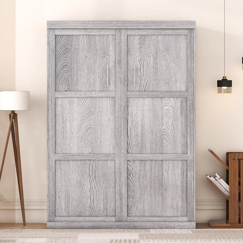 Kids Bedroom,Guest Room,Gray Full Murphy Bed with Wardrobe & Drawers, Space Saving Gray