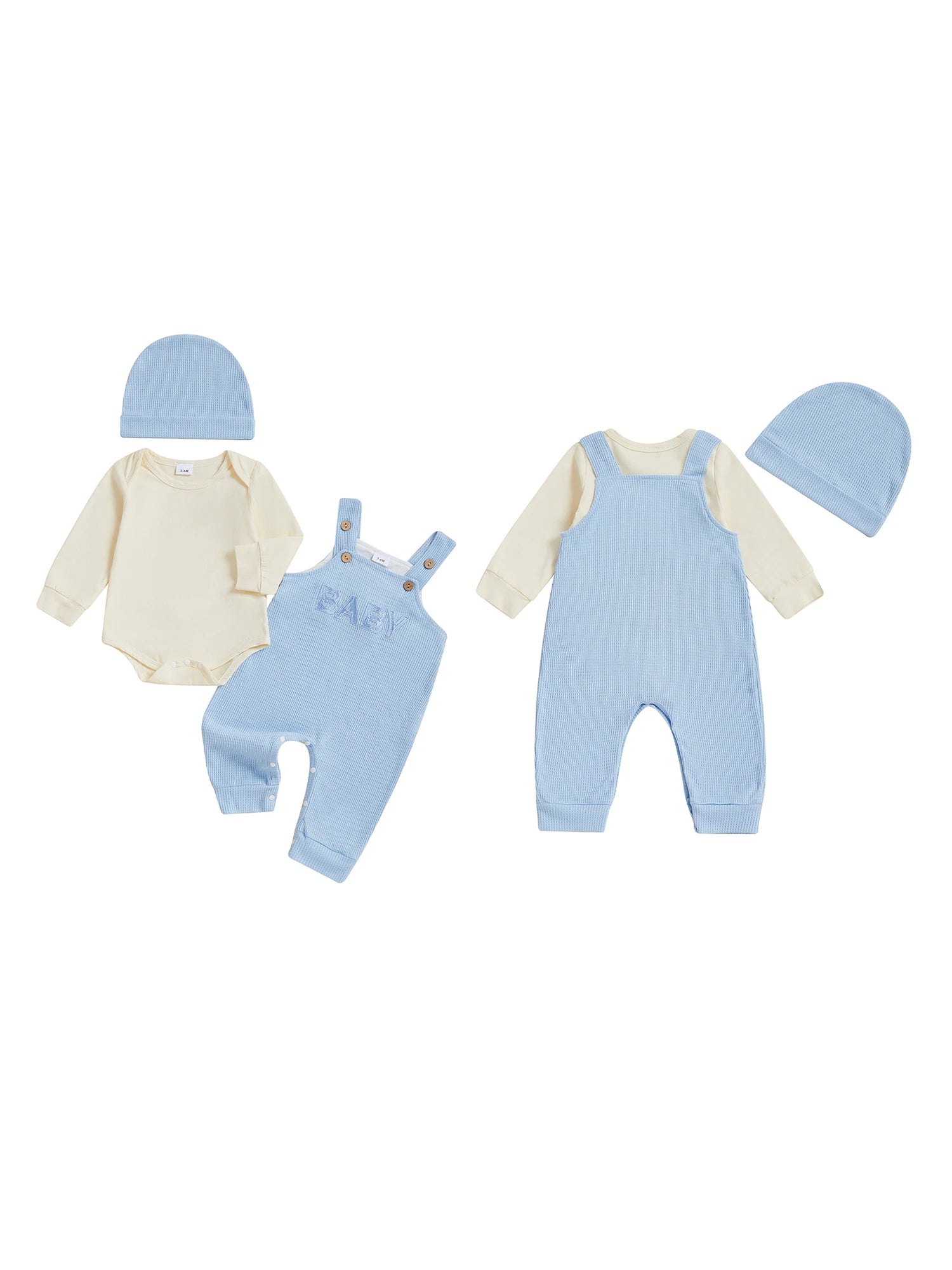 Adorable Baby Boy Autumn Ensemble Cozy Long Sleeve Romper Stylish Embroidered Overall Pants and Matching Beanie Cap - 3