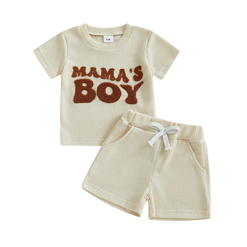 Infant Boy Casual Wear Short Sleeve Tee and Solid Shorts Set with Embroidered Letters - Summer 2 Piece Outfit in Waffle Knit
