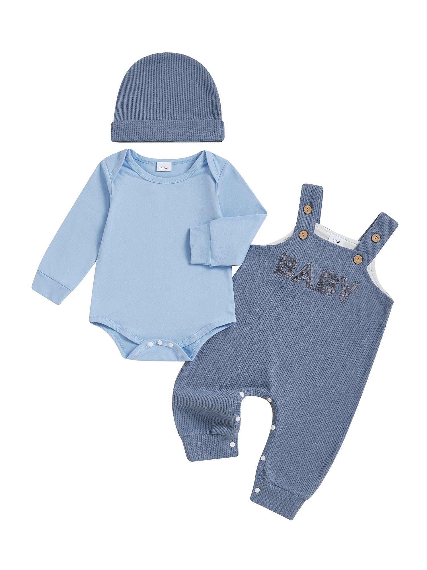 Adorable Baby Boy Autumn Ensemble Cozy Long Sleeve Romper Stylish Embroidered Overall Pants and Matching Beanie Cap - 3