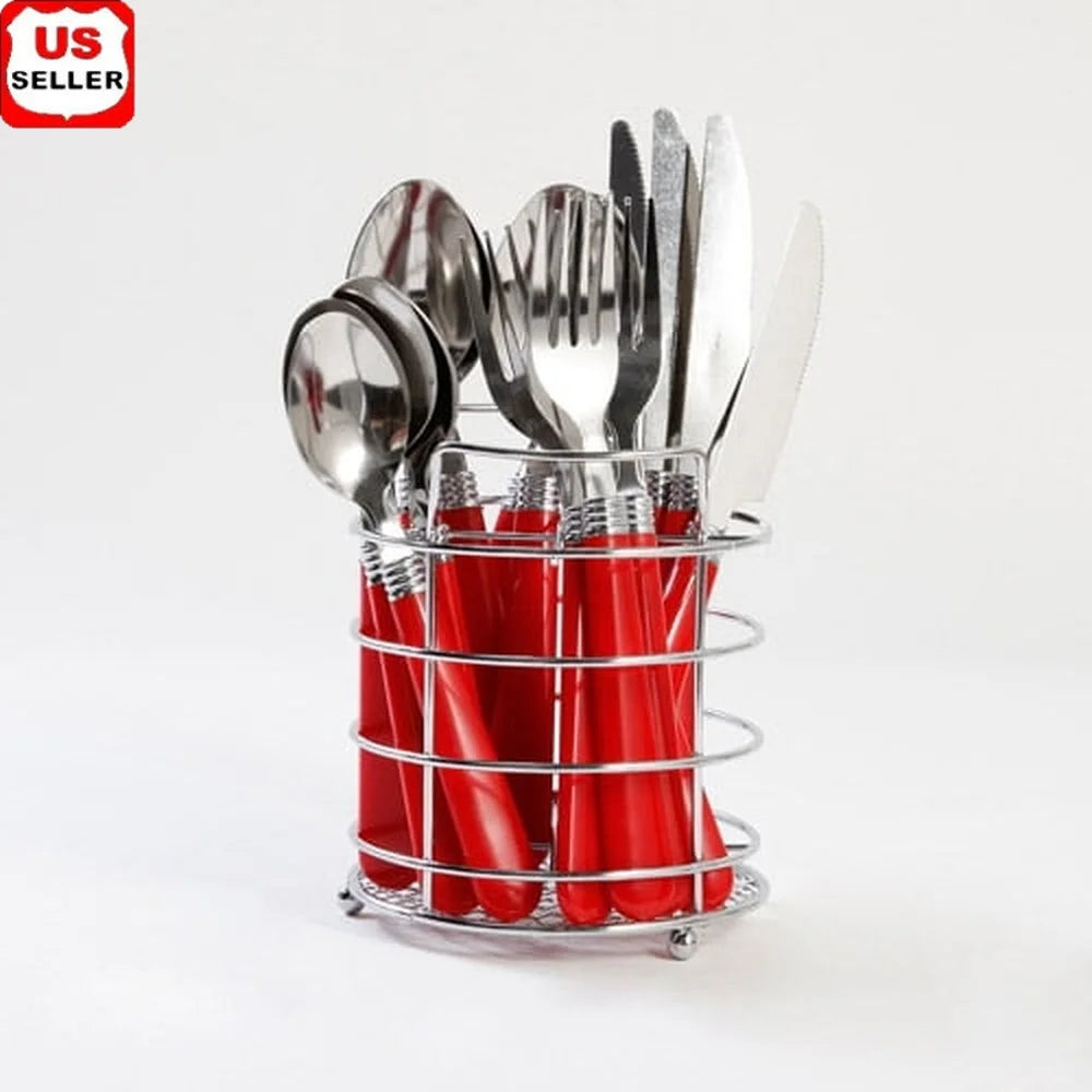 16-Piece Flatware Set with Wire Caddy Durable Stainless Steel Service 4 Forks Knives Spoons Teaspoons Dishwasher Safe Outdoor