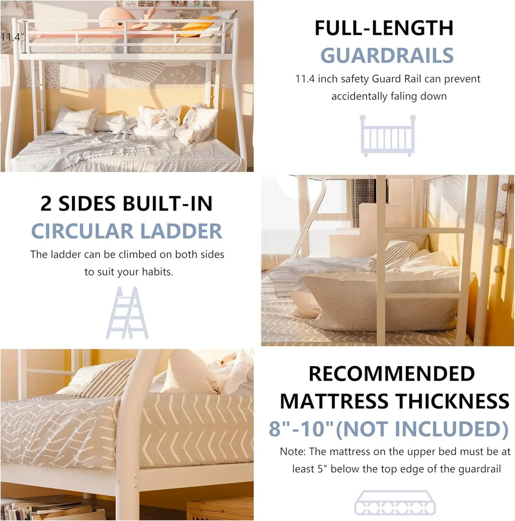 Metal Loft Bed with 2 Secured Ladders, Bunk Bed Twin Over Full with Trundle, Trundle Beds Twin Safety Guard, Noise Free
