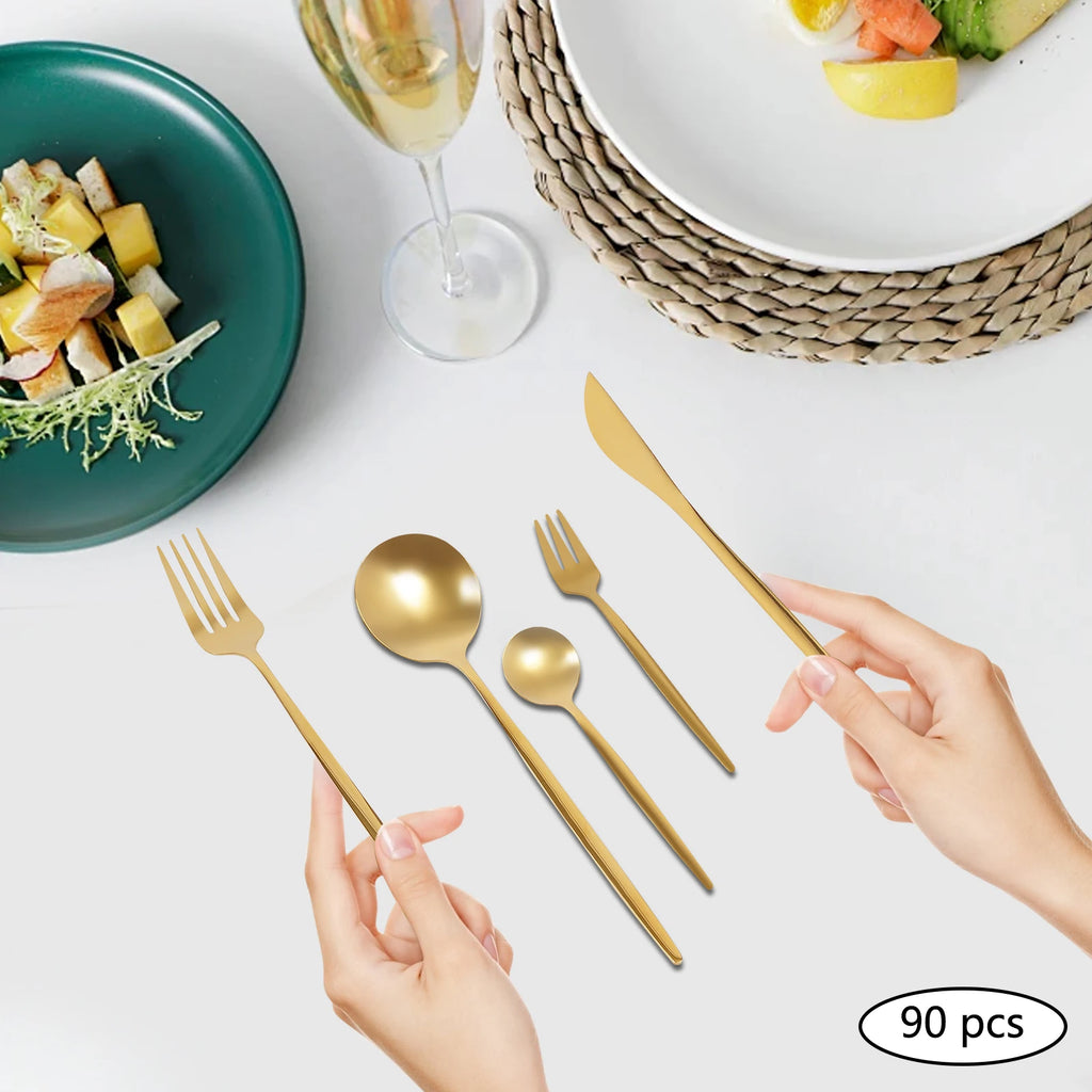 90 Pcs Gold Flatware Set