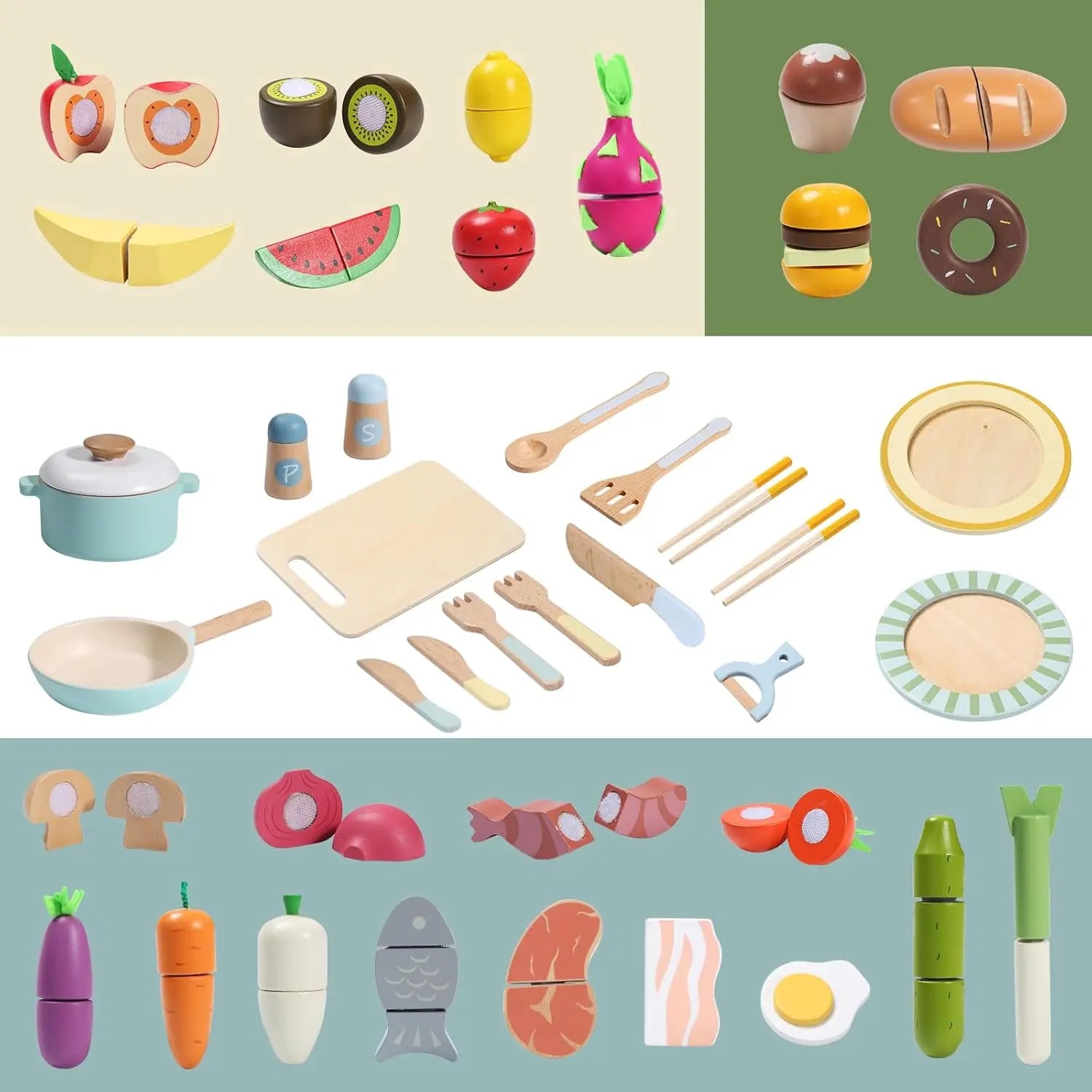 Wooden Play Food Set, Play Kitchen Accessories