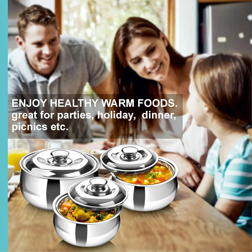 Large Insulated Casserole Dish Set of 3 with Lid, Stainless Steel Hot Pot Food Warmer Cooler for Soup Salad Serving