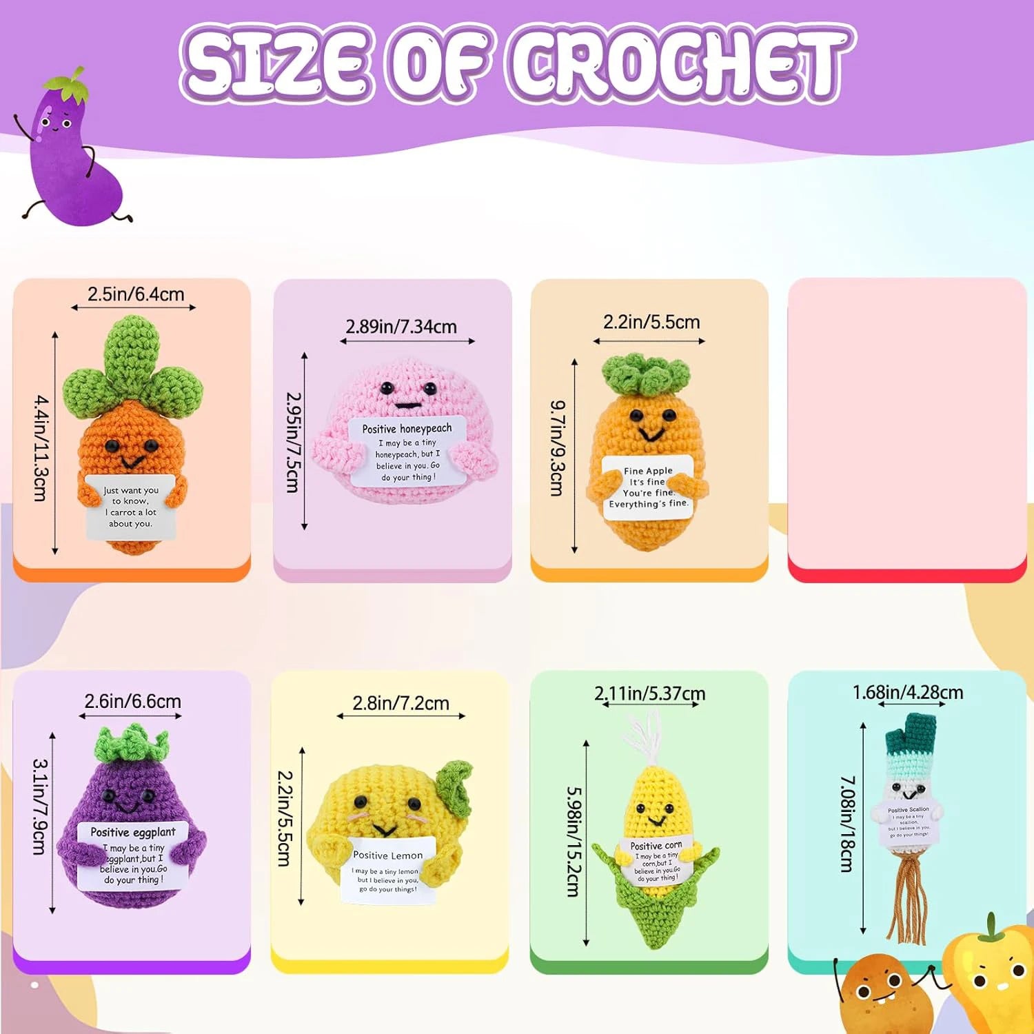 Mini Positive Vegetables Set Positive Crochet Dolls /w Affirmation Card Cartoon Hand Woven Fruit Desktop Ornament Christmas Gift