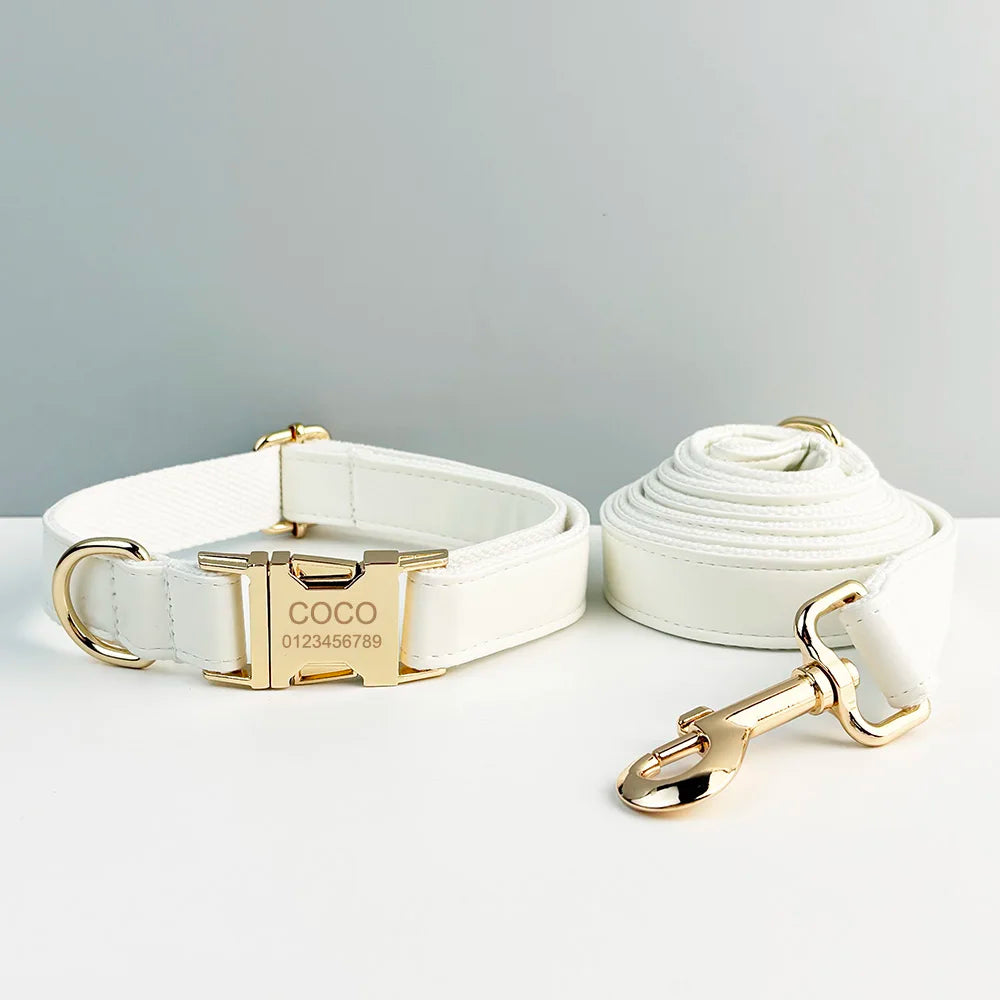 White Leather Dog Collar And Leash Set
