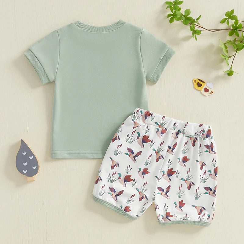 Toddler Boys Casual Outfits Cute Animal Print Short Sleeve T-Shirt and Elastic Waist Camo Shorts Set for Summer 2 Piece