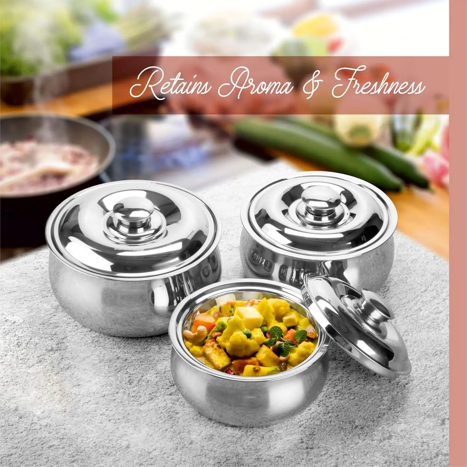 Large Insulated Casserole Dish Set of 3 with Lid, Stainless Steel Hot Pot Food Warmer Cooler for Soup Salad Serving