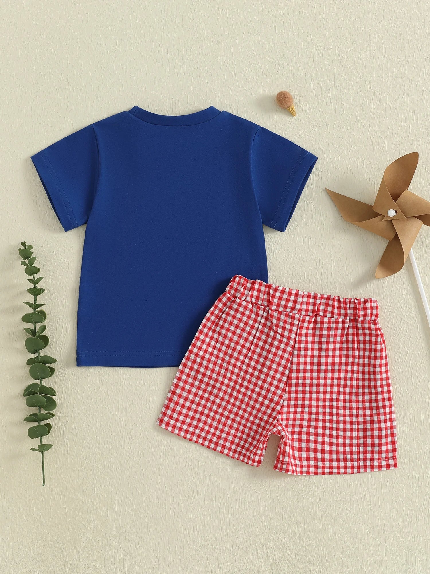 Adorable Baby Boys Summer Outfits with Cute Animal Embroidery Short Sleeves T-Shirt and Comfortable Plaid Shorts - 2 Piece