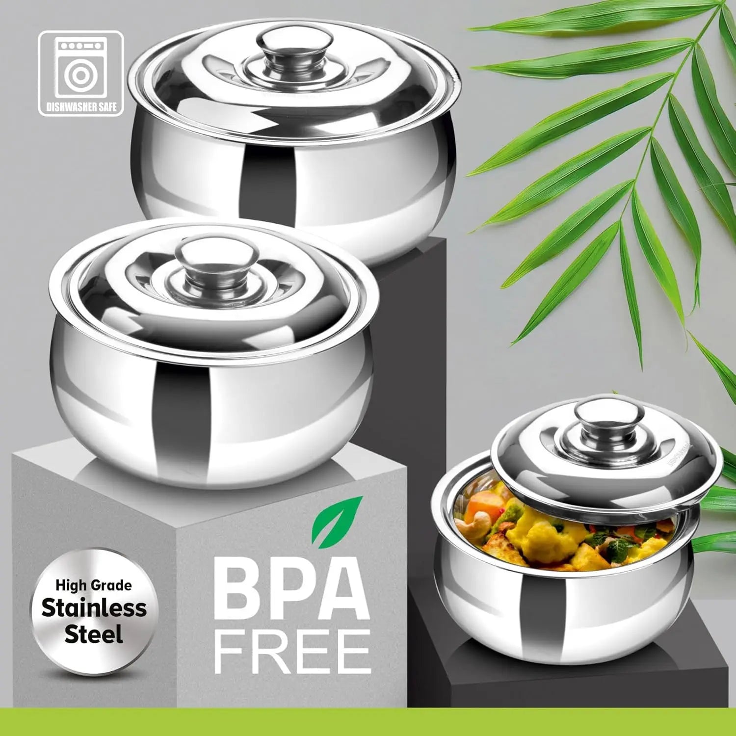 Large Insulated Casserole Dish Set of 3 with Lid, Stainless Steel Hot Pot Food Warmer Cooler for Soup Salad Serving