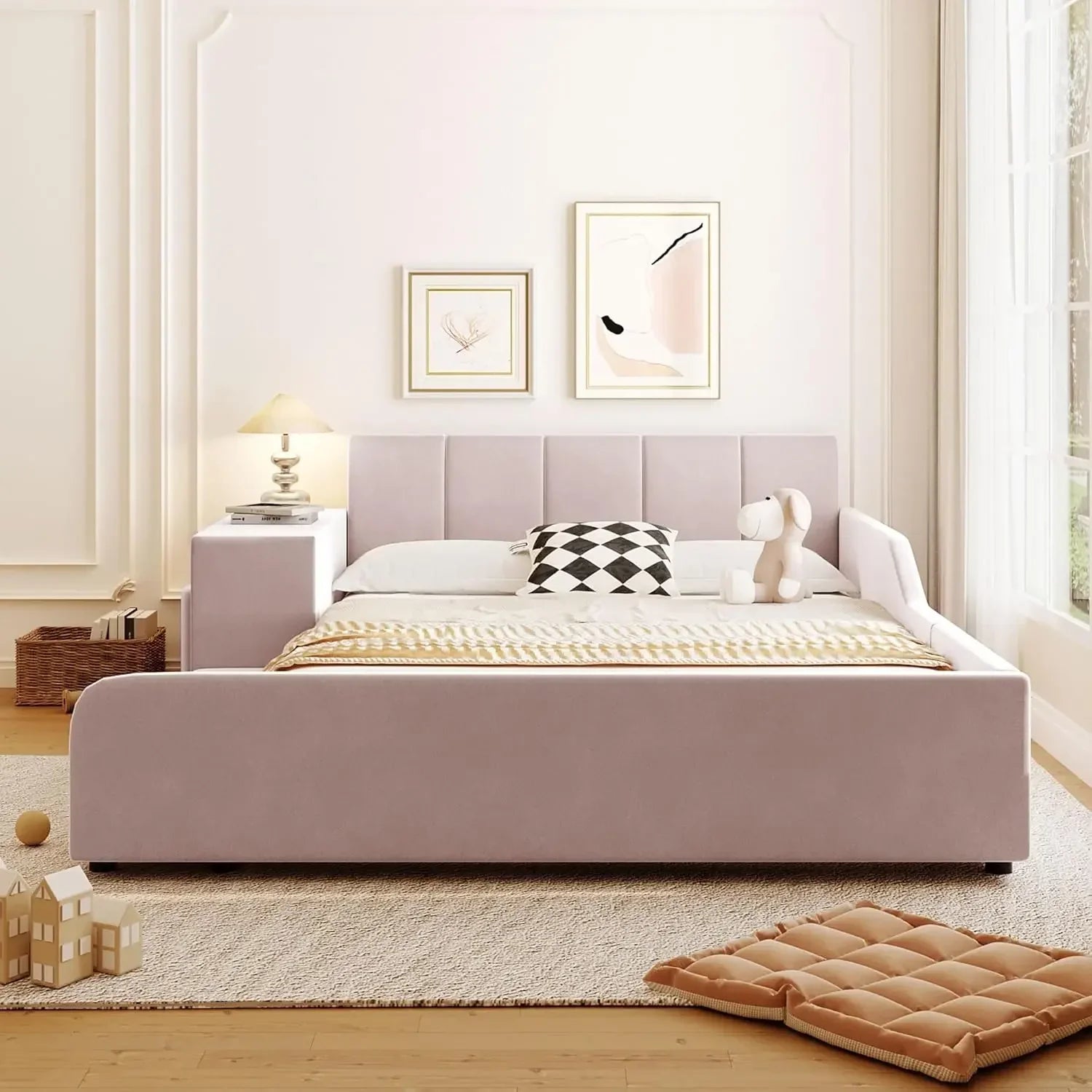 Velvet Upholstered Grounded Bed Platform Bed