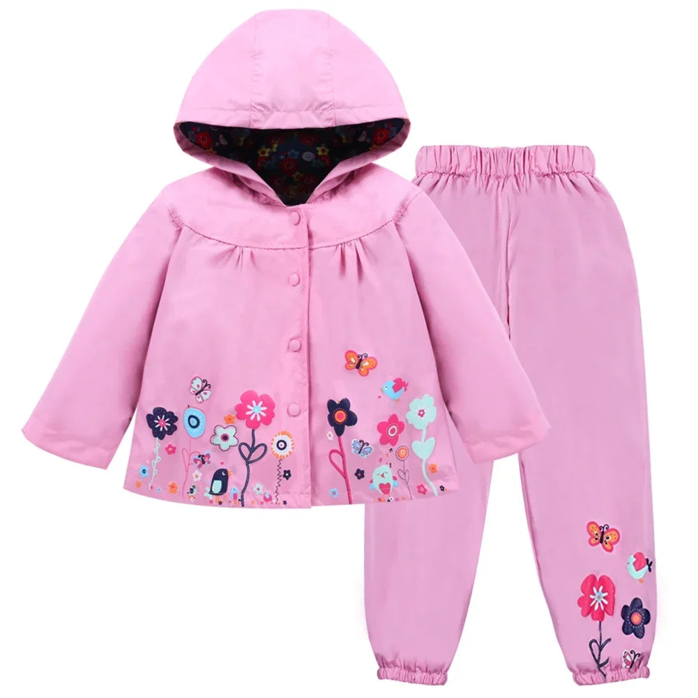 2pcs Children Waterproof Coat Pants Set Spring Autumn Long Sleeve Flower Print for Toddler Boys & Girls