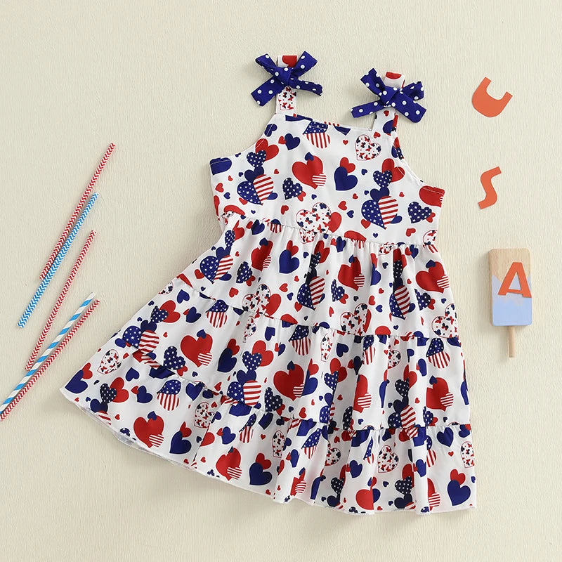 Girls American Flag Print Sleeveless Dress for 4th of July Beach Party Patriotic Outfit Cute Summer Clothes for Toddlers