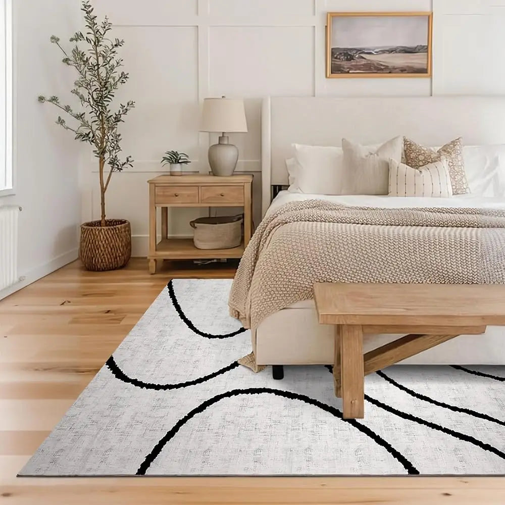 Modern Area Rugs 6X9, Washable Black & White Rug, Thin Abstract Geometric Minimalist Striped