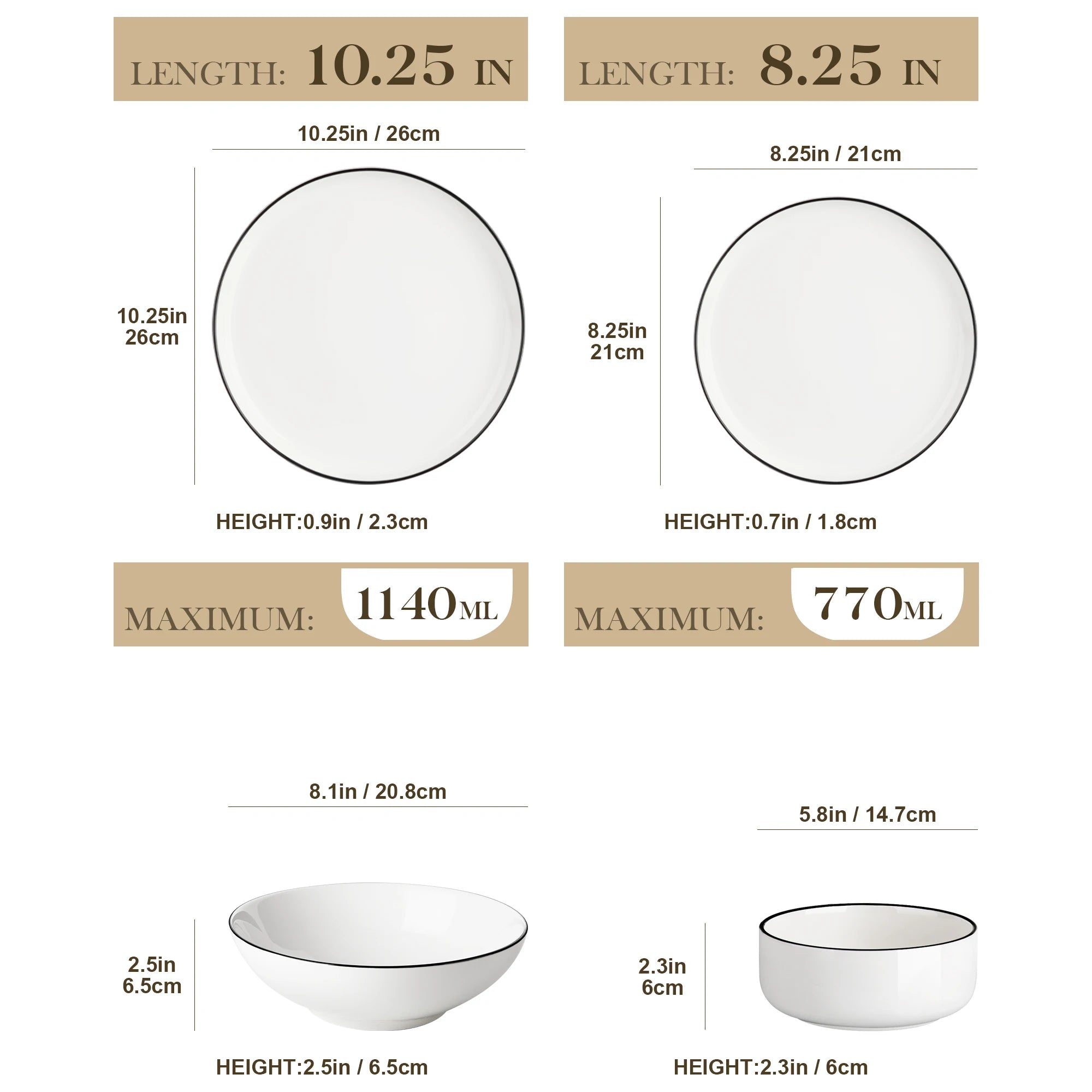 MALACASA 16/32 Piece White and black Rim Porcelain Dinnerware Set Curved Edge with 4 pcs dinner plate/Dessert Plate/Soup/Bowl