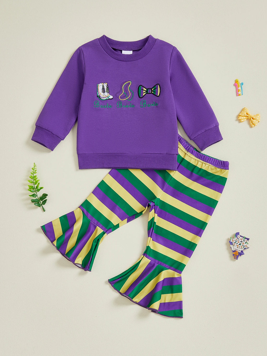 Girls Embroidered Hoodie and Striped Flare Pants Set