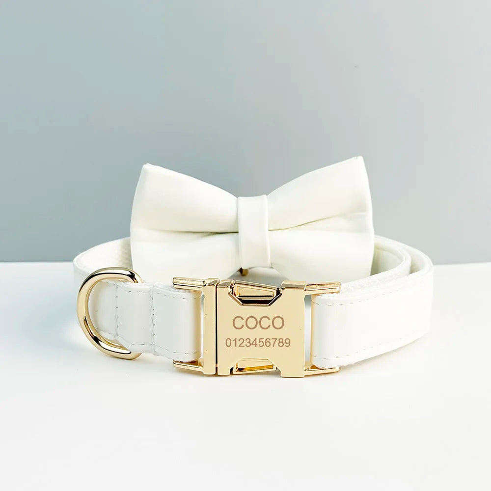 White Leather Dog Collar And Leash Set