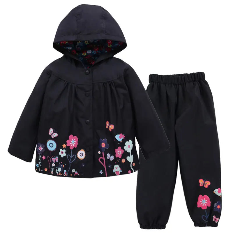 2pcs Children Waterproof Coat Pants Set Spring Autumn Long Sleeve Flower Print for Toddler Boys & Girls