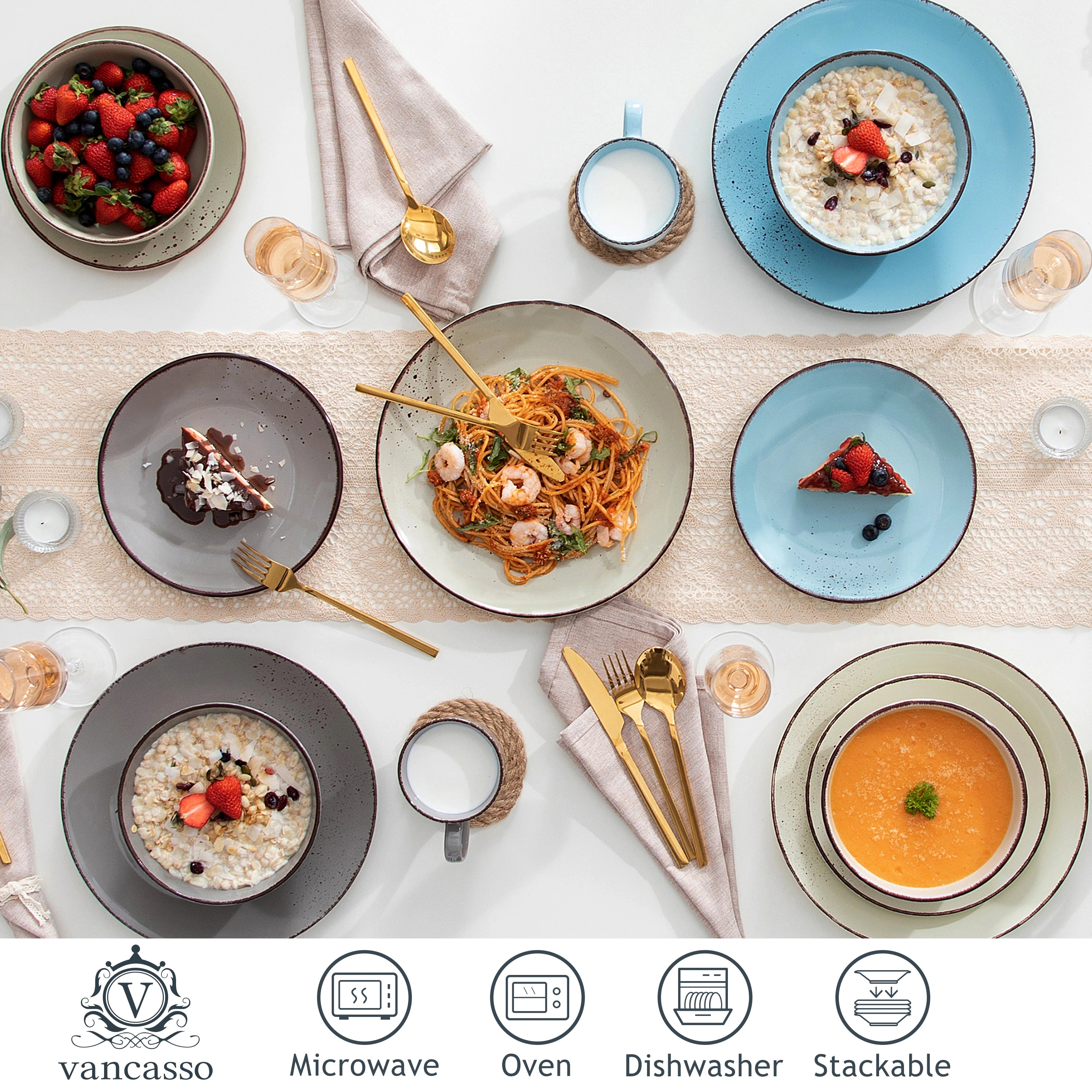 Vancasso Navia-LH 16/32/48-Piece Stoneware Ceramic Dinnerware Set with Dinner Plate,Dessert Plate,800ml Bowl, Mug Tableware Set