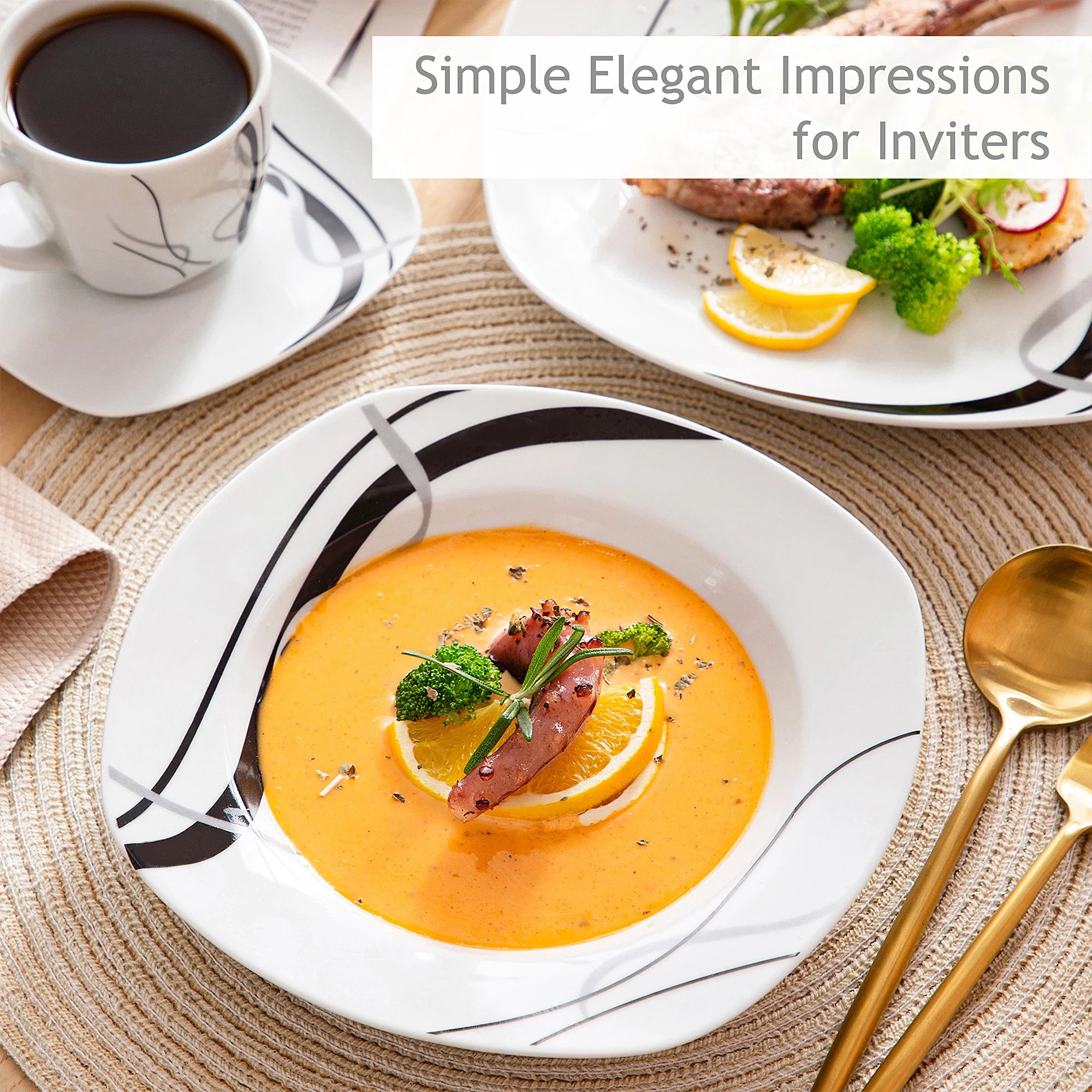 VEWEET FIONA Black Lines Porcelain Ceramic Tableware Set