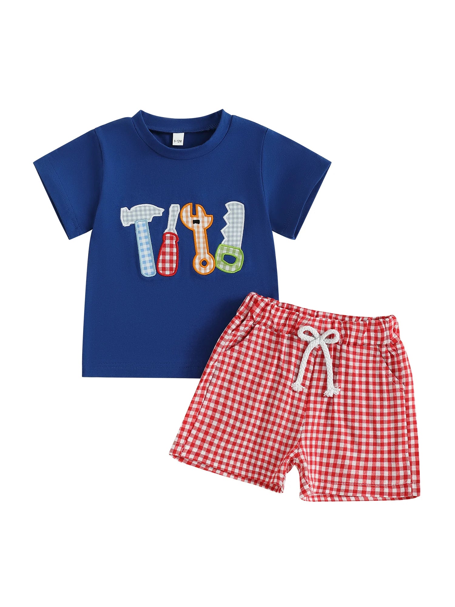 Adorable Baby Boys Summer Outfits with Cute Animal Embroidery Short Sleeves T-Shirt and Comfortable Plaid Shorts - 2 Piece