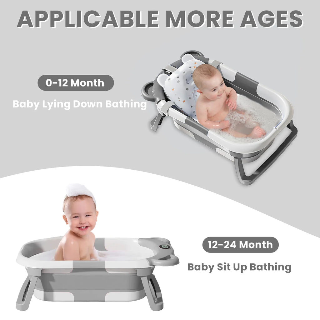 Folding Baby Bath Tub – with Thermometer, Anti-Slip & Bath Cushion, Easy Storage (0-36 Months, Gray Blue Pink)